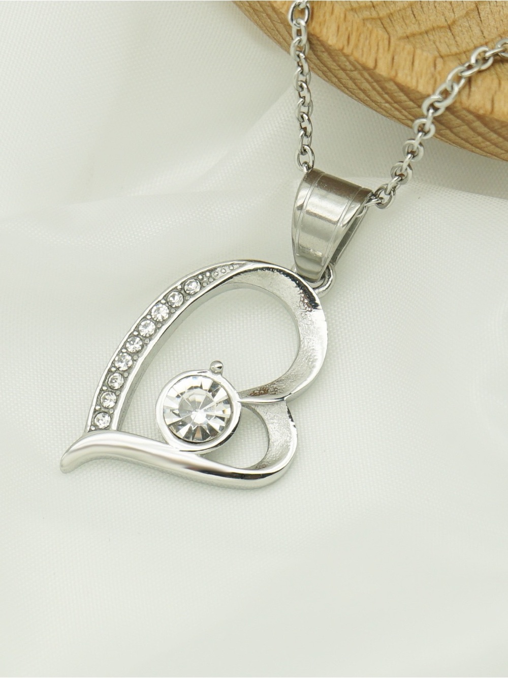 Silver Heart Pendant Necklace with Clear Crystal Accent